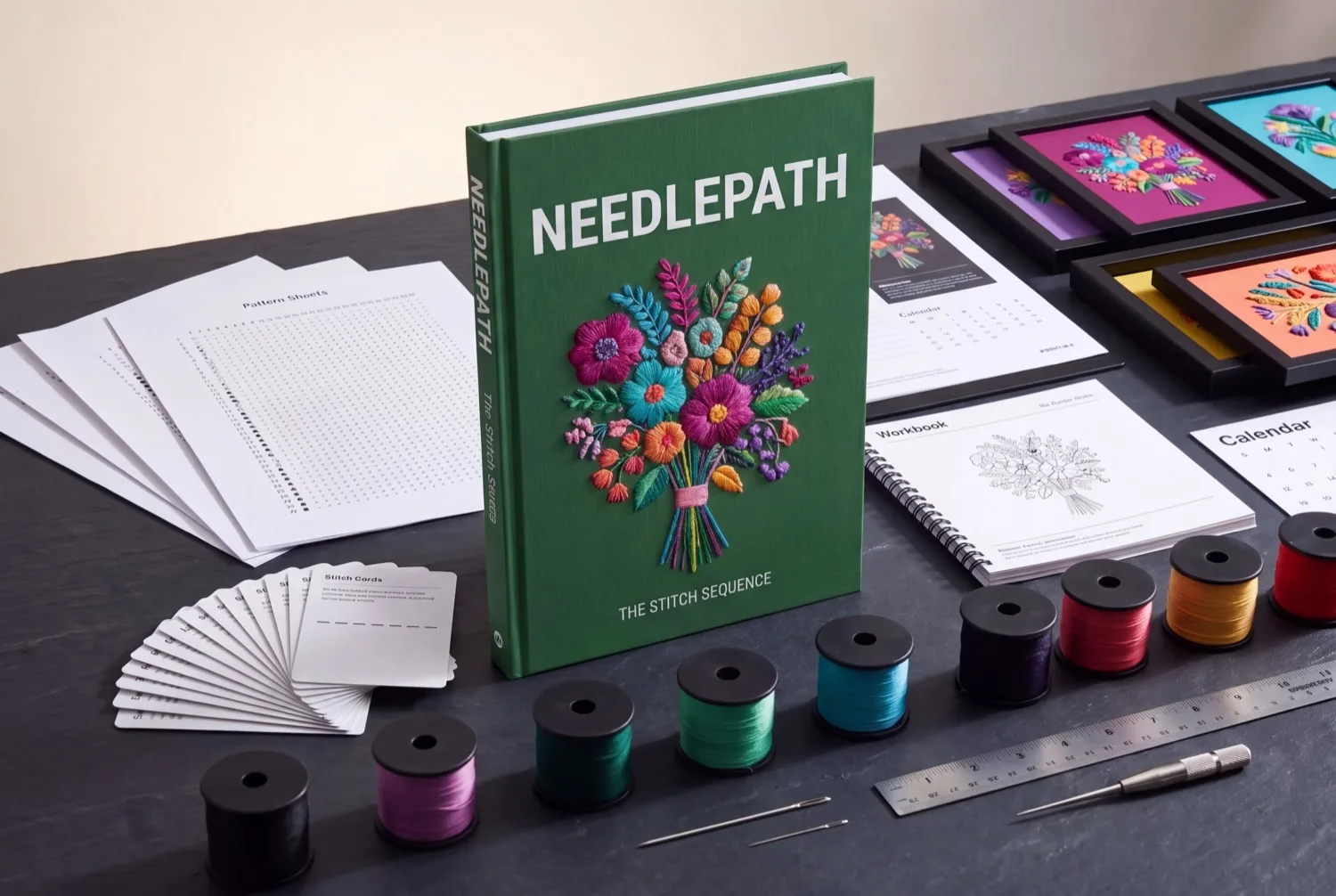 NEEDLEPATH™ — everything inside: pattern sheets, stitch cards, workbook and finished pieces