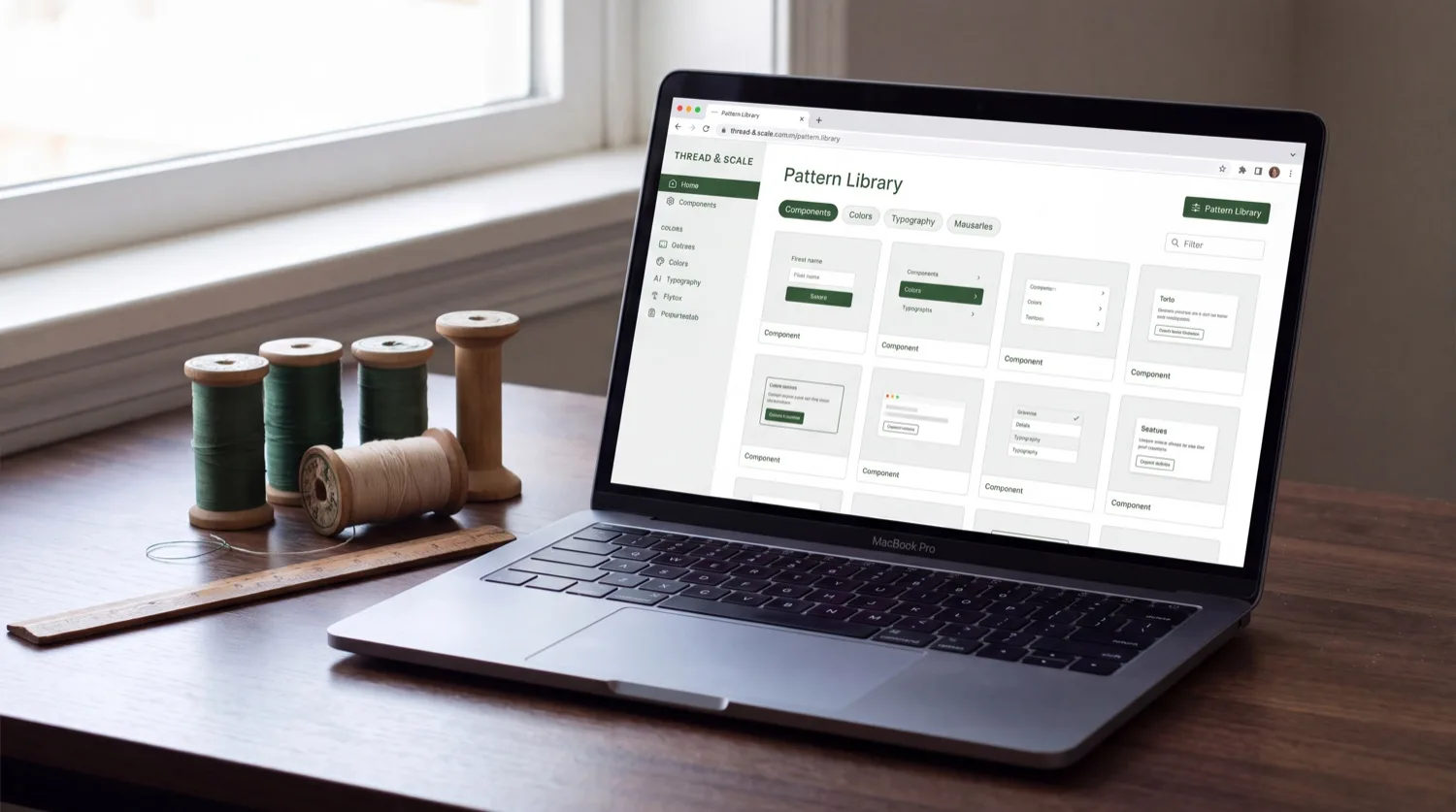 THE STITCH SEQUENCE — the NEEDLEPATH™ app open on a laptop, showing the design library with filters
