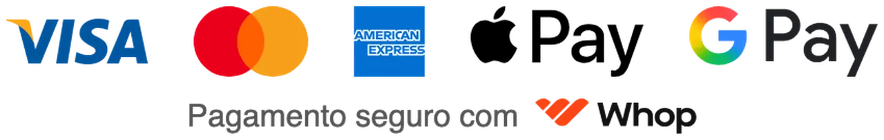 Visa, Mastercard, American Express, Apple Pay, Google Pay. Pagamento seguro com Whop