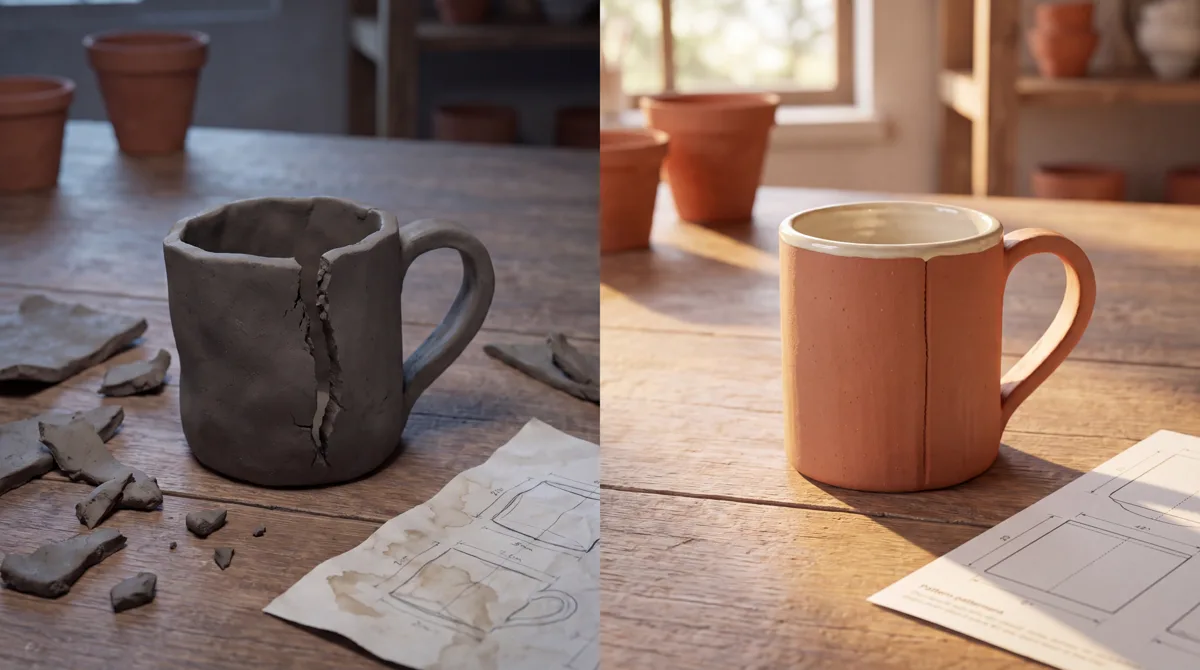 Before and after: a failed piece cut by eye on the left, a clean piece made with the template on the right