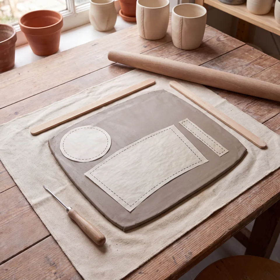 Raw clay slab with a printed template laid on top, ready to cut