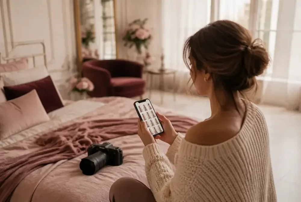 Fotógrafa a consultar referências de poses boudoir no telemóvel antes da sessão