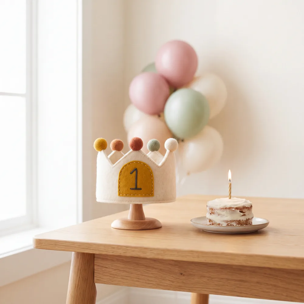 A felt birthday crown with the number one patch