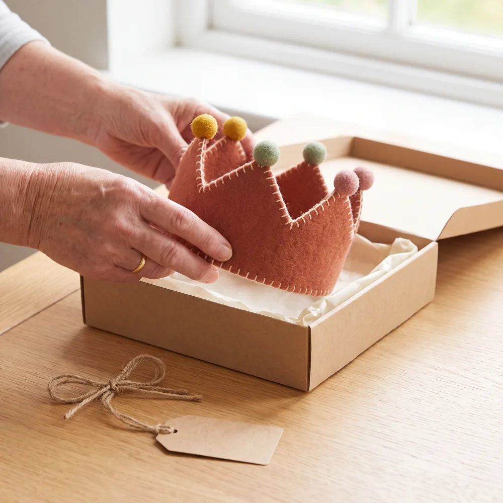 A felt crown wrapped as a gift