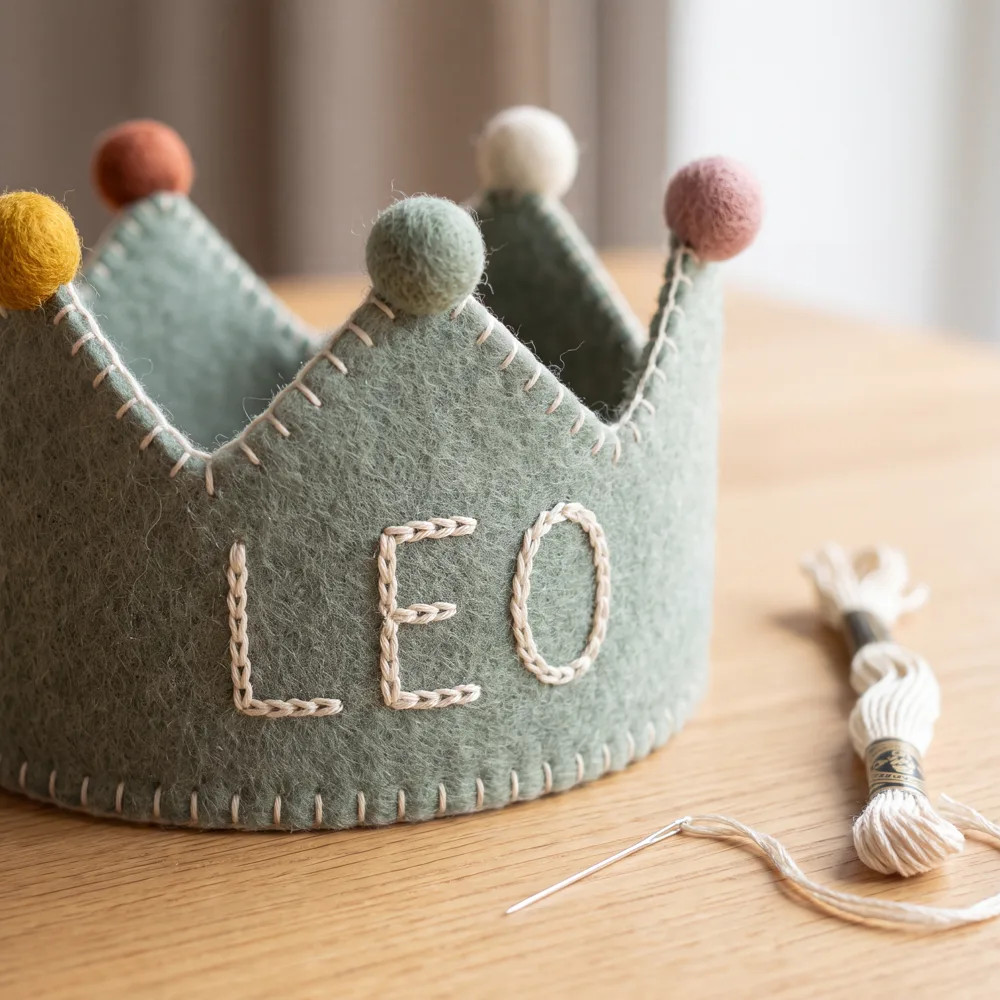 A name embroidered by hand on a felt crown